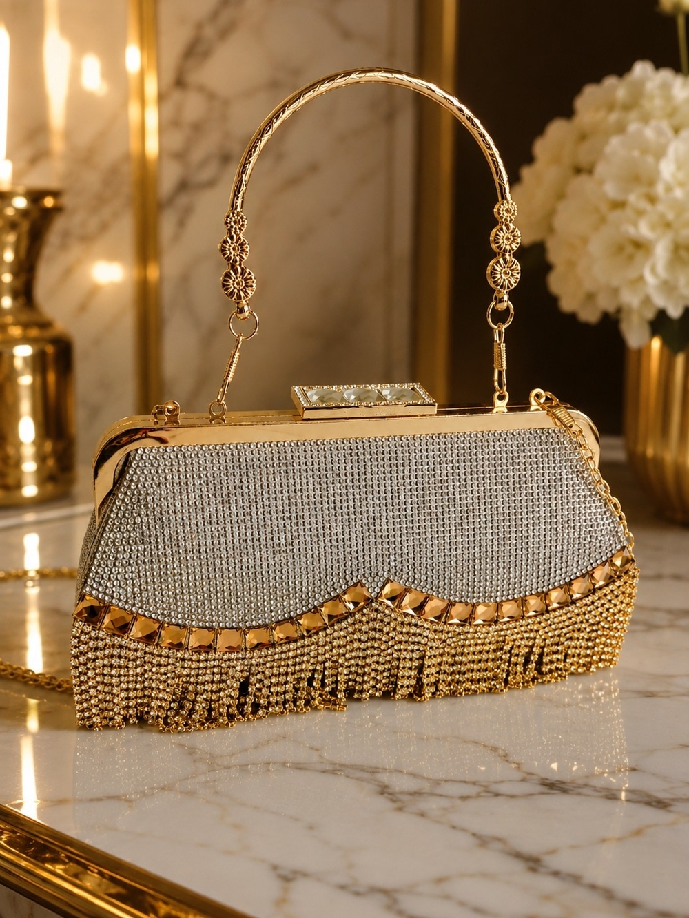 Gold and Silver Crystal Fringe Evening Clutch